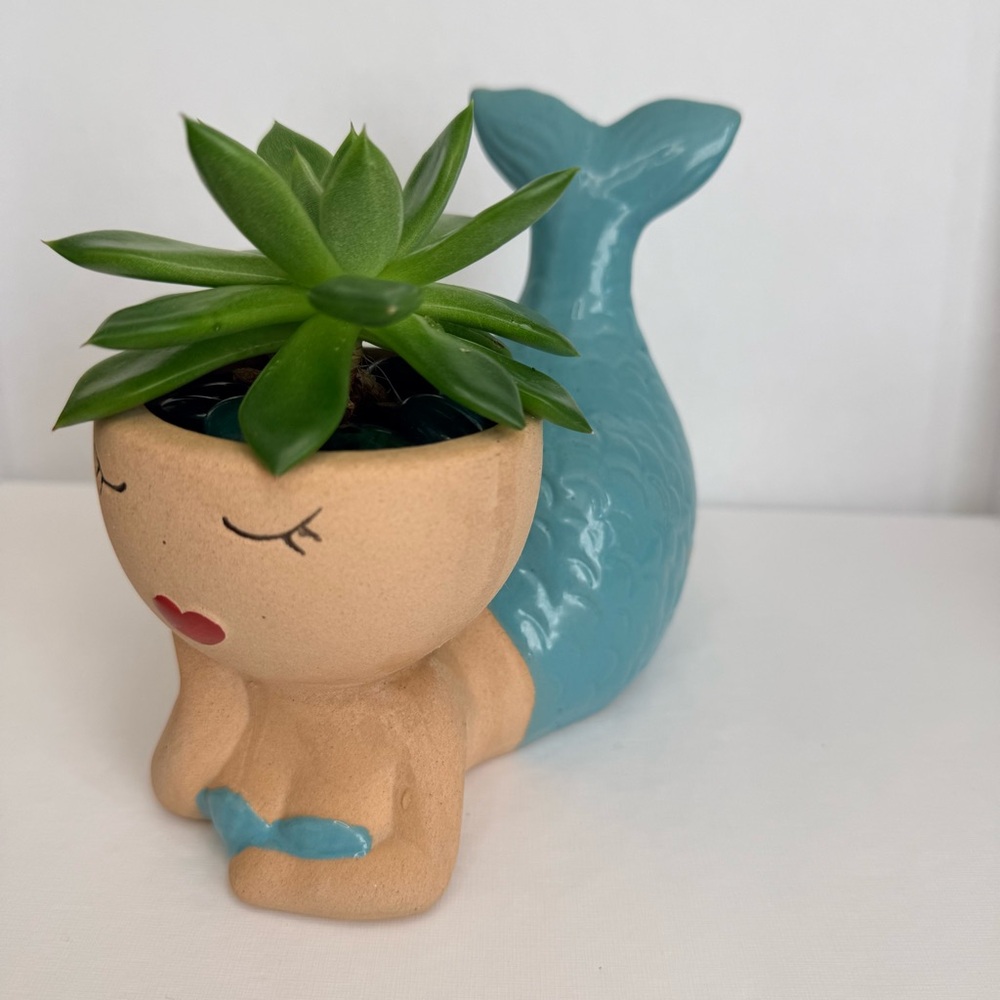Ceramic Mermaid Planter in Turquoise - Vase Pot Succulent Candle Holder - Beach - Picture 2 of 8